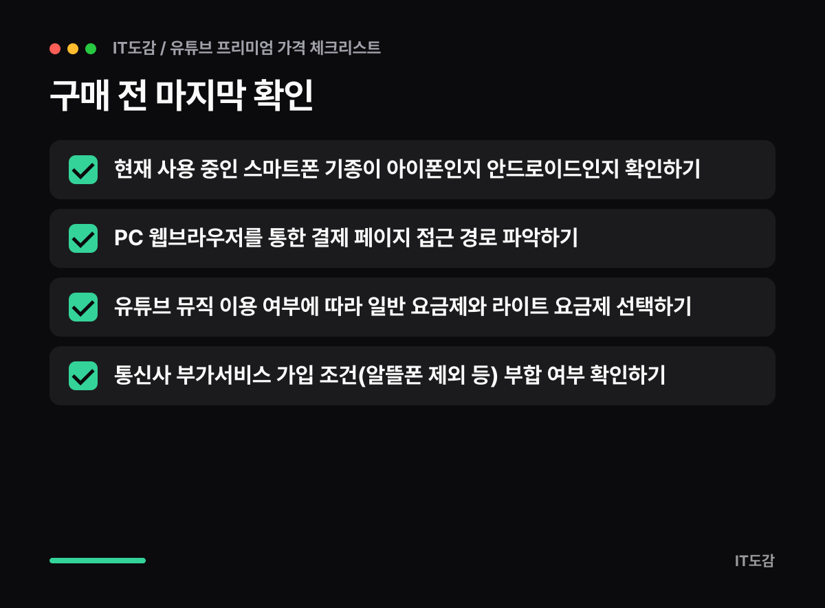 구매 전 마지막 확인 요약 카드: 현재 사용 중인 스마트폰 기종이 아이폰인지 안드로이드인지 확인하기, PC 웹브라우저를 통한 결제 페이지 접근 경로 파악하기, 유튜브 뮤직 이용 여부에 따라 일반 요금제와 라이트 요금제 선택하기, 통신사 부가서비스 가입 조건(알뜰폰 제외 등) 부합 여부 확인하기